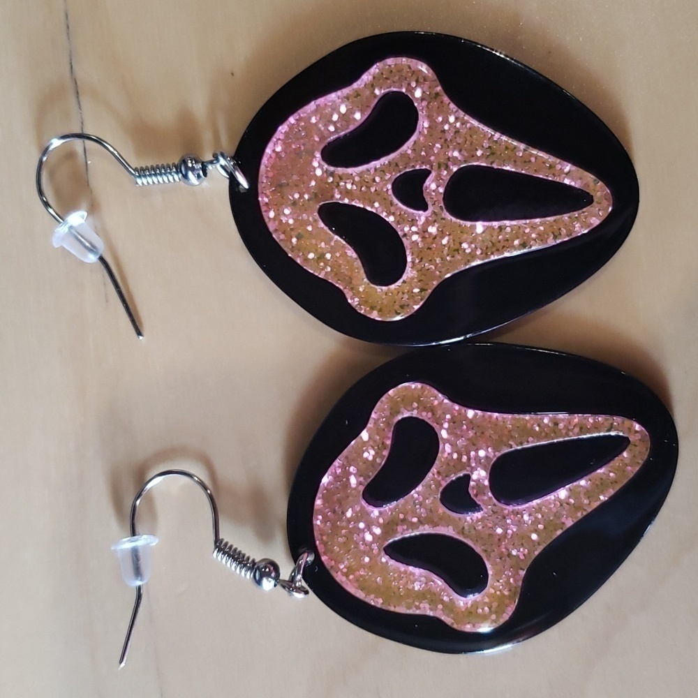 Pink Glitter Ghostface Scream Halloween Dangle Earrings NWOT